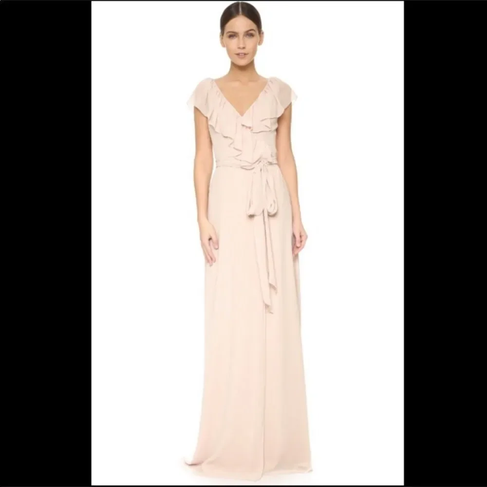Ceremony by Joanna August Lolo Ruffle Trim Wrap Chiffon Gown Dress Champagne S